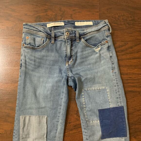 Pilcro & the Letterpress Anthropologie blue patchwork slim boyfriend jeans 25 - Picture 3 of 15